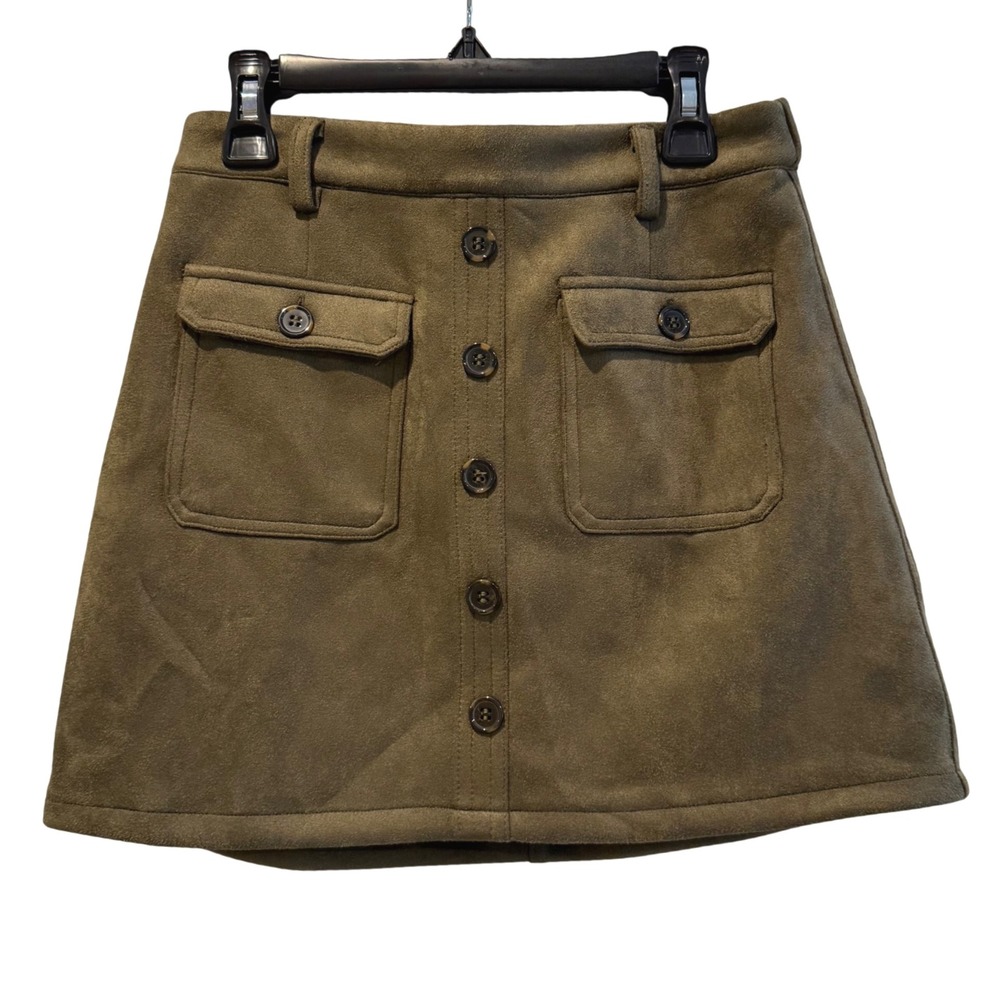 A Loves A Girls Olive Green Faux‎ Suede Mini Skirt Button Front Pockets Large